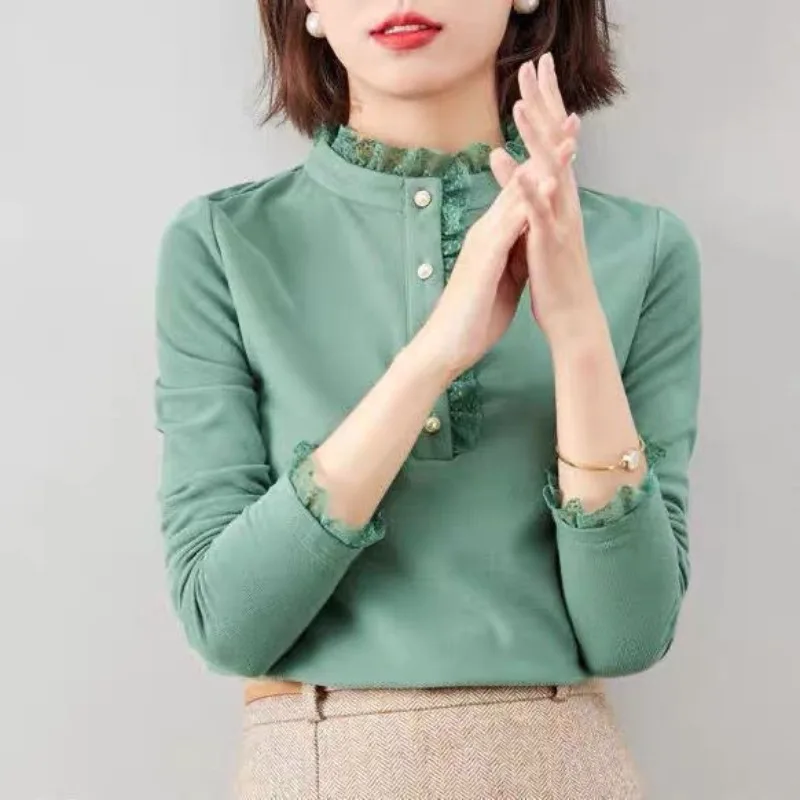 

Fashion Double Sided Velvet Base Shirt Women Long Sleeve Slim Fit Winter Clothing Warm Lace Stand Collar Girl Top