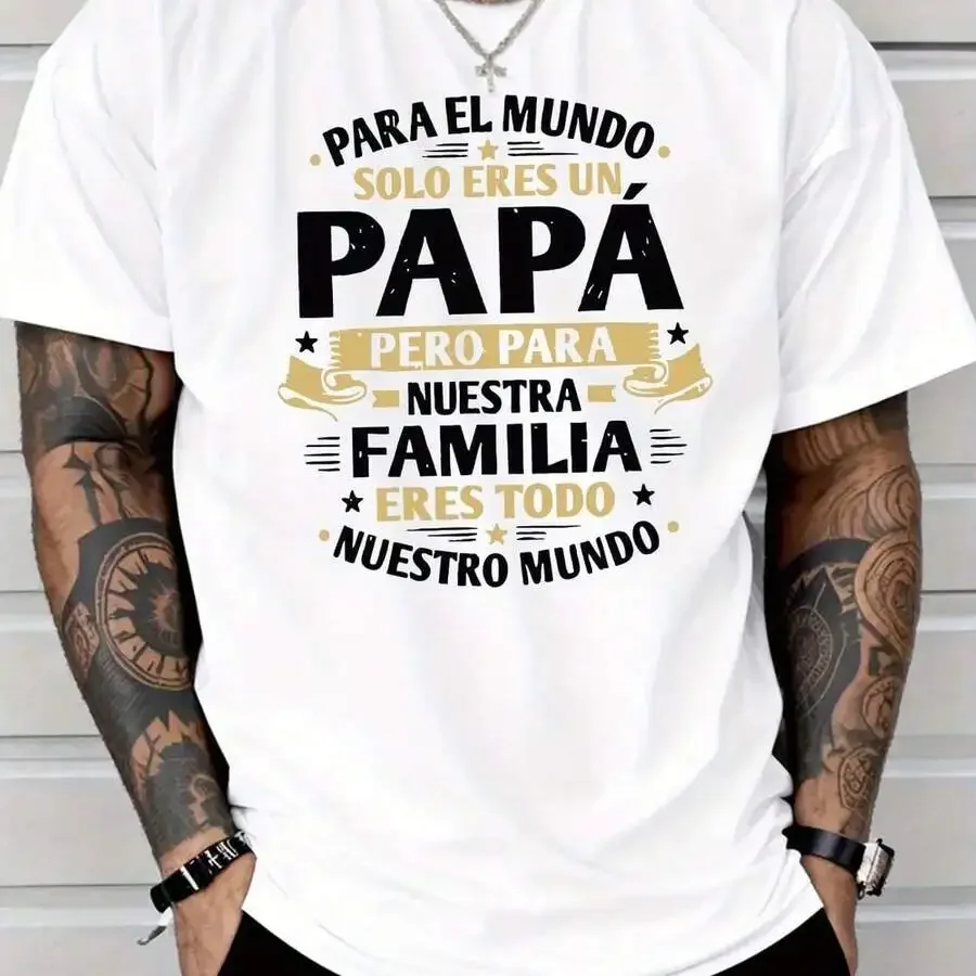 Men'S Casual Fashion Style Short-Sleeved T-Shirt, Dad Is Our World Letter Print Polyester Fiber, Lightweight 180 G/M², Regular F