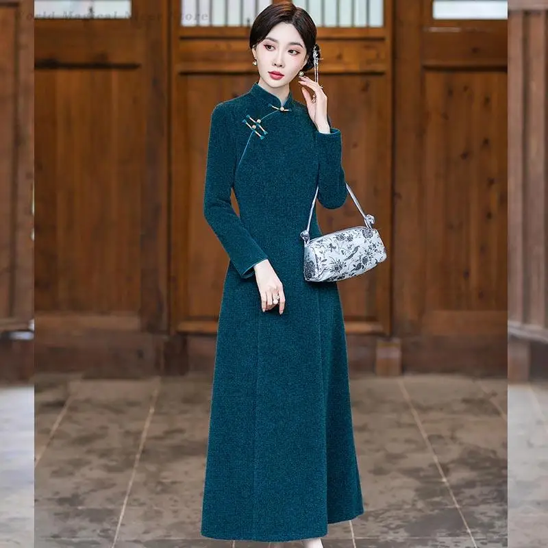 Elegant Retro Improve Cheongsam Traditional Chinese Clothing Autumn Winter Female A-Line Qipao New Chinese Style Long Dress