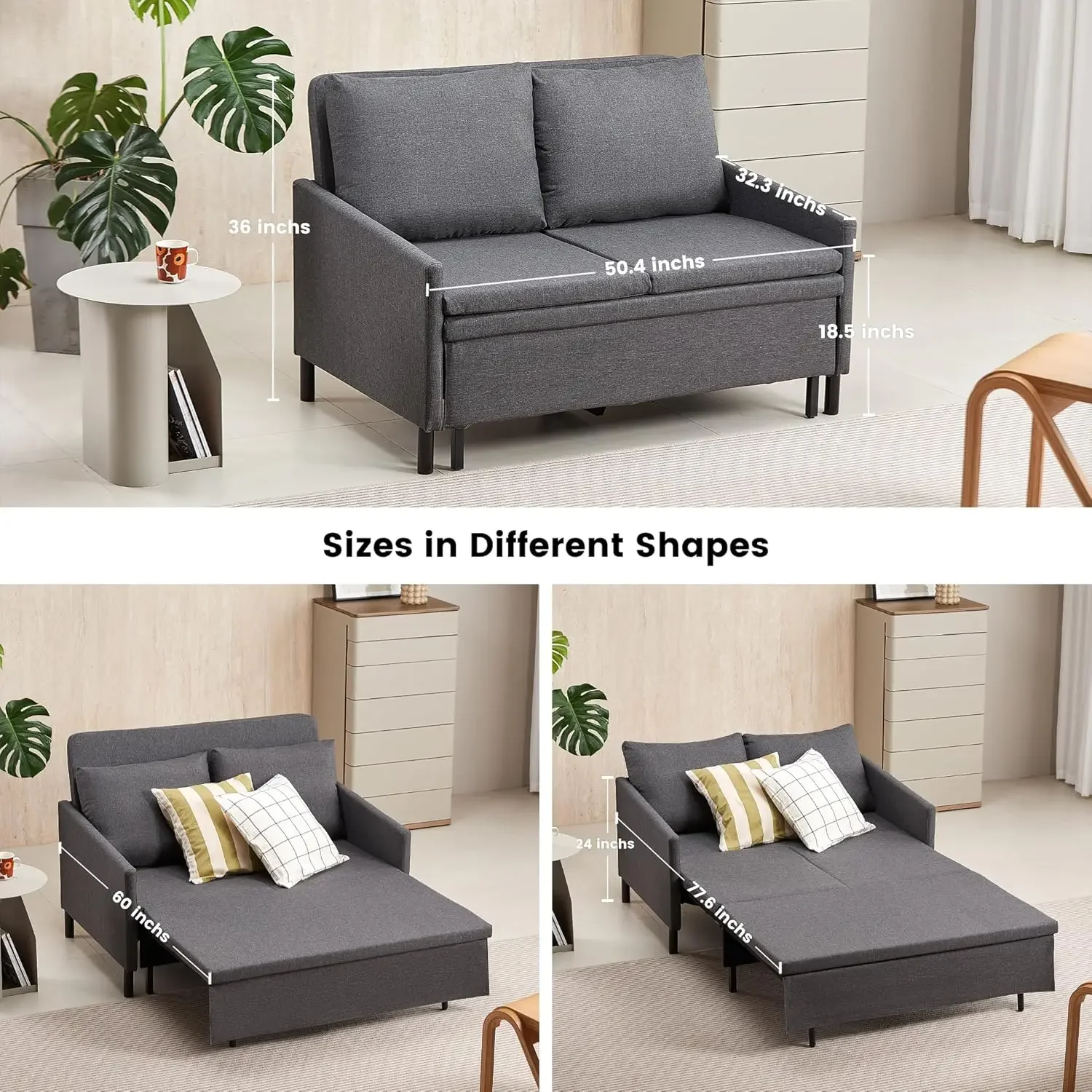 3-in-1 Convertible Sleeper Loveseat Sofa Couch with Pullout Bed and Storage for Living Room, Bedroom, Balcony, RV, Dark