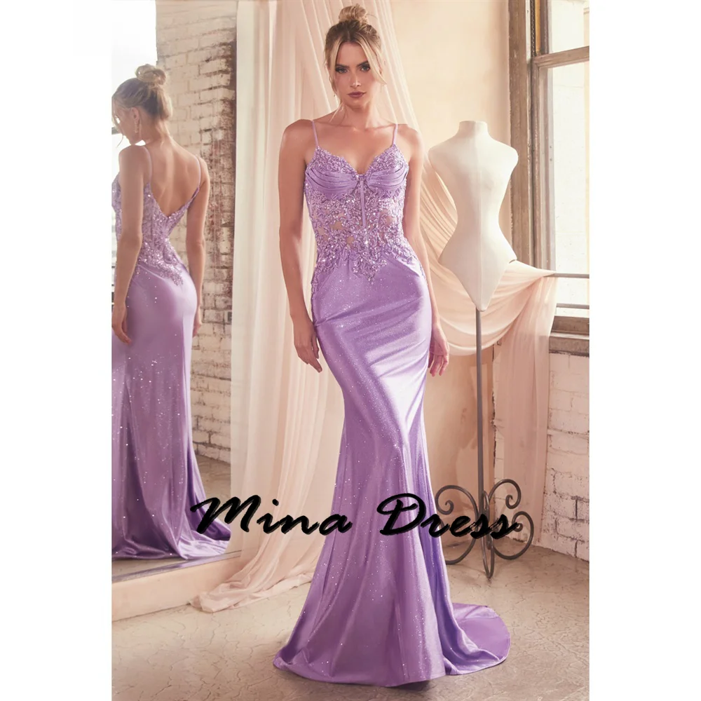 

Mina Customized Sequins Evening Dresses Woman Elegant Luxury Evening Dress 2024 Dubai Backless Slit Sleeveless Spaghetti Straps