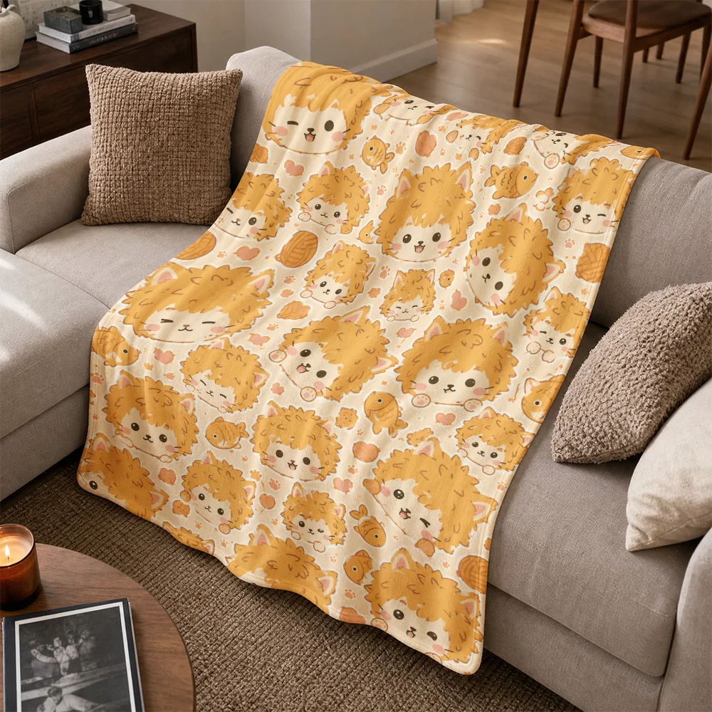 Adorable Cat Pattern Sofa Throw Blanket Yellow Autumn Plush Fleece Cozy Cover for Living Room Decor Gift for Cat Lovers