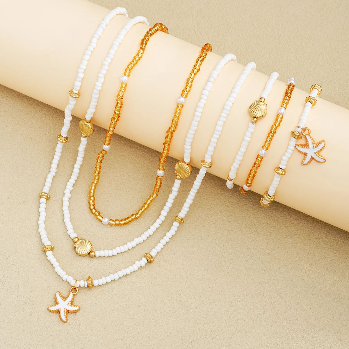 6Pcs/Set Rice Beaded Shell Starfish Pendant Necklace Bracelets Bohemian Elegant Gold White Color Jewelry Set Holiday Accessories
