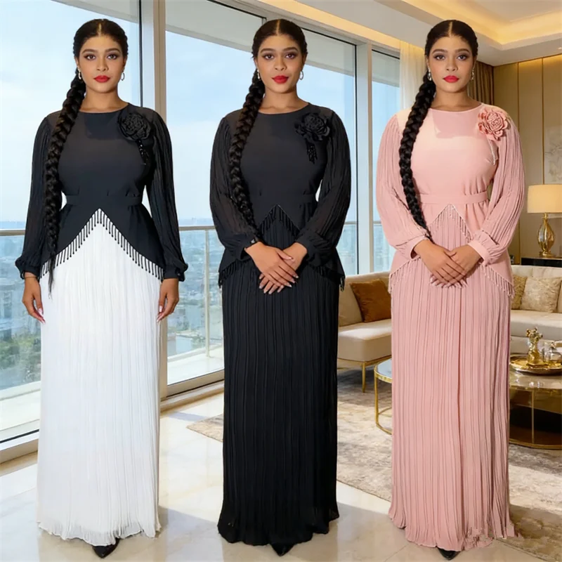 

Elegant Chiffon Dresses for Women Wedding Party Prom Evening Gown Pleated Tassel Maxi Robe African Clothing Abaya Ankara Dashiki