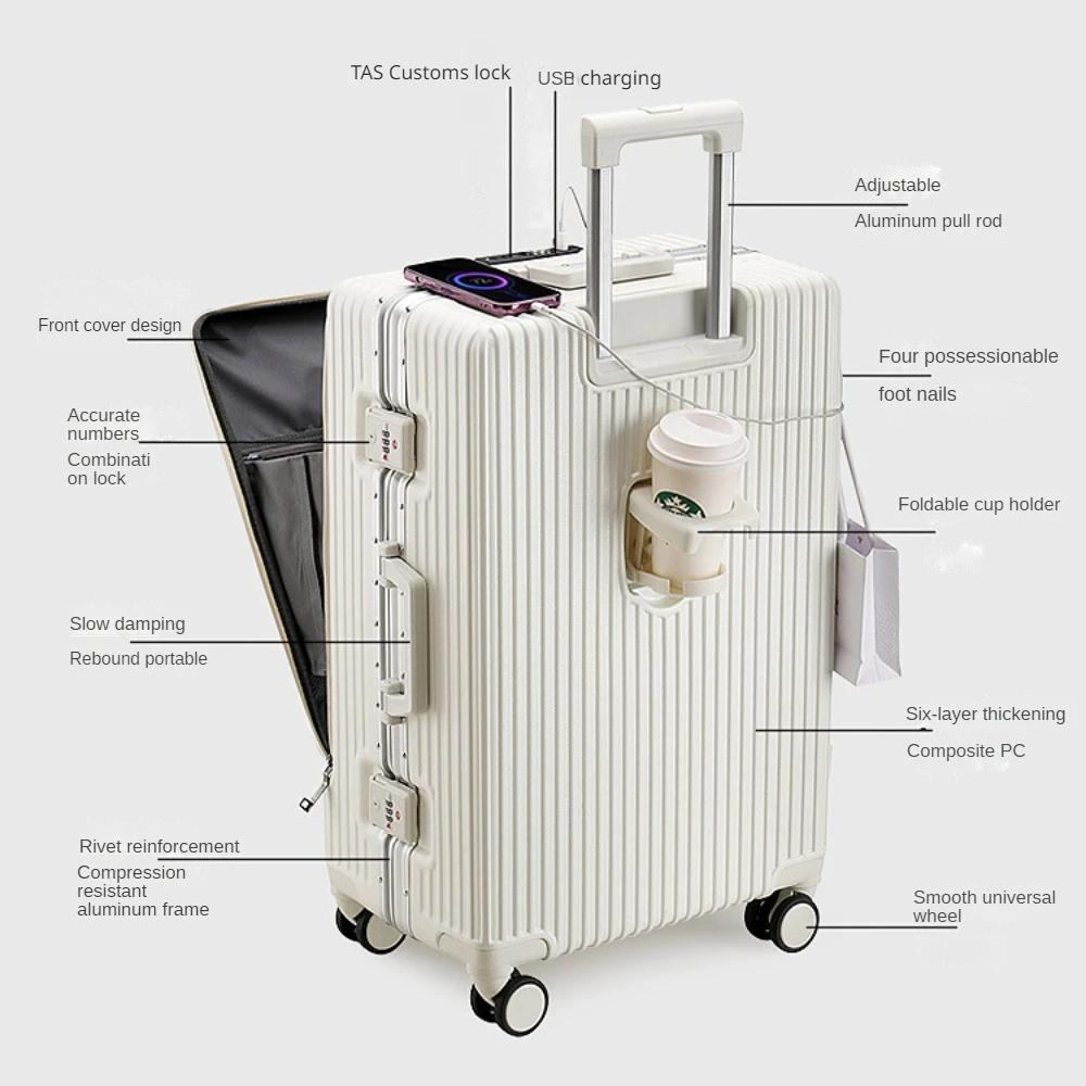 Luggage with Aluminum Frame and Thickened Front-open Cover for Male and Female Boarding with USB on multifunctional Trolley Bag