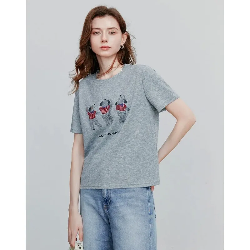 Women Cotton Crew Neck Short Sleeve T Shirt Cartoon Dog Embroidery Casual Slim Summer Tee Tops