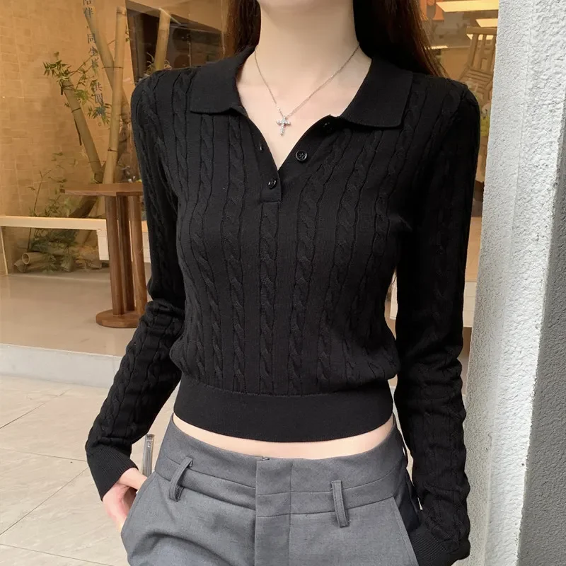 Button-Front Strechy Cable-Knit Long Sleeve Crop Top Women Polo Collar Knit Sweater Plain Jumper Fitted Pullover Tennis Core Y2K