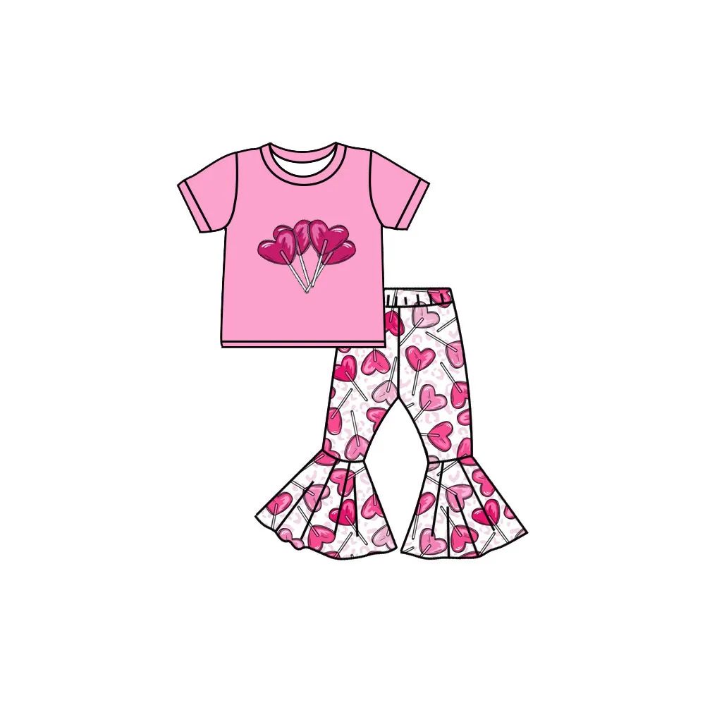 طقم ملابس أطفال مطبوعة على شكل قلب على شكل بيضة عيد الحب وعيد الفصح بأكمام قصيرة وسراويل واسعة من حرير الحليب الناعم المخصص