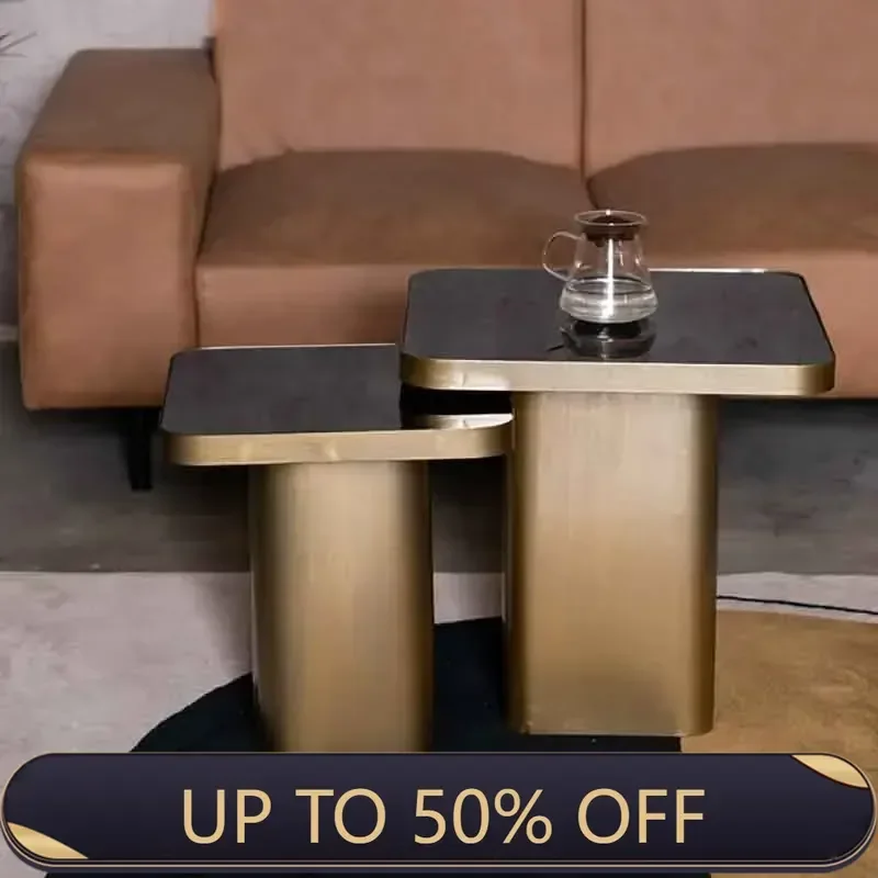Retro Simple Furniture Living Room Sofa Square Side Couple Copper Color Metal Coffee Table Mirror Glass Tempering