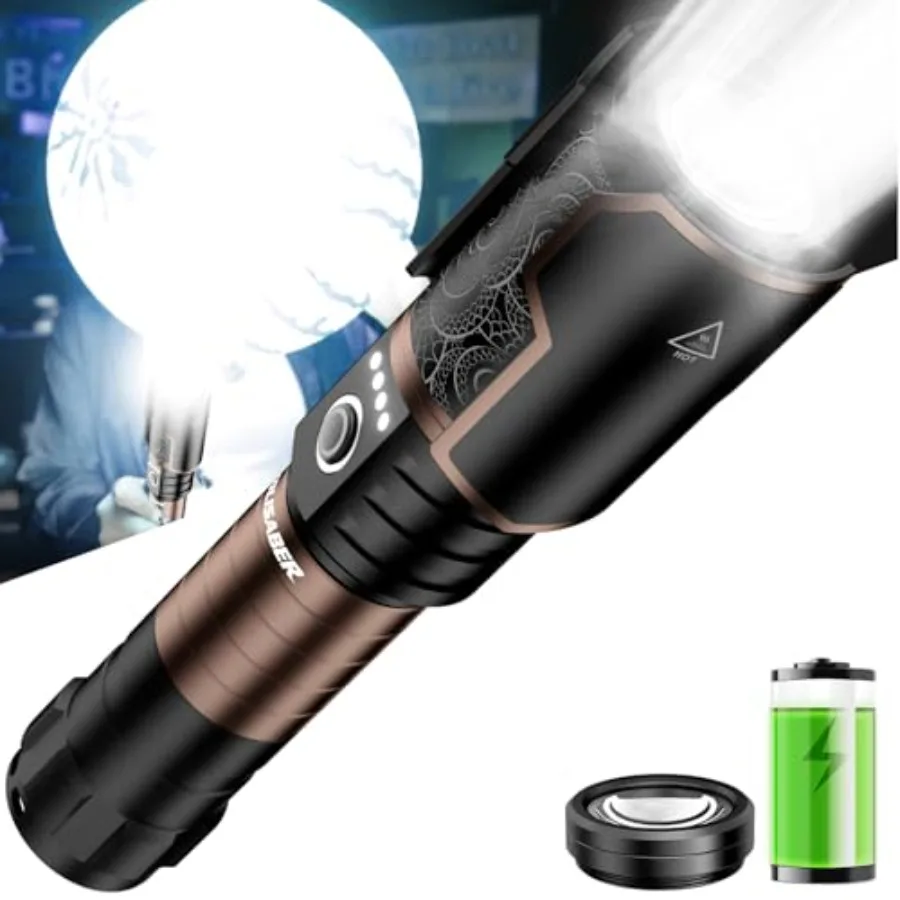 5000 Lumens Rechargeable Flashlight, Tactical LED Flashlight High Lumens with Ignition Lens, 6 Modes Zoomable Waterproof Flash