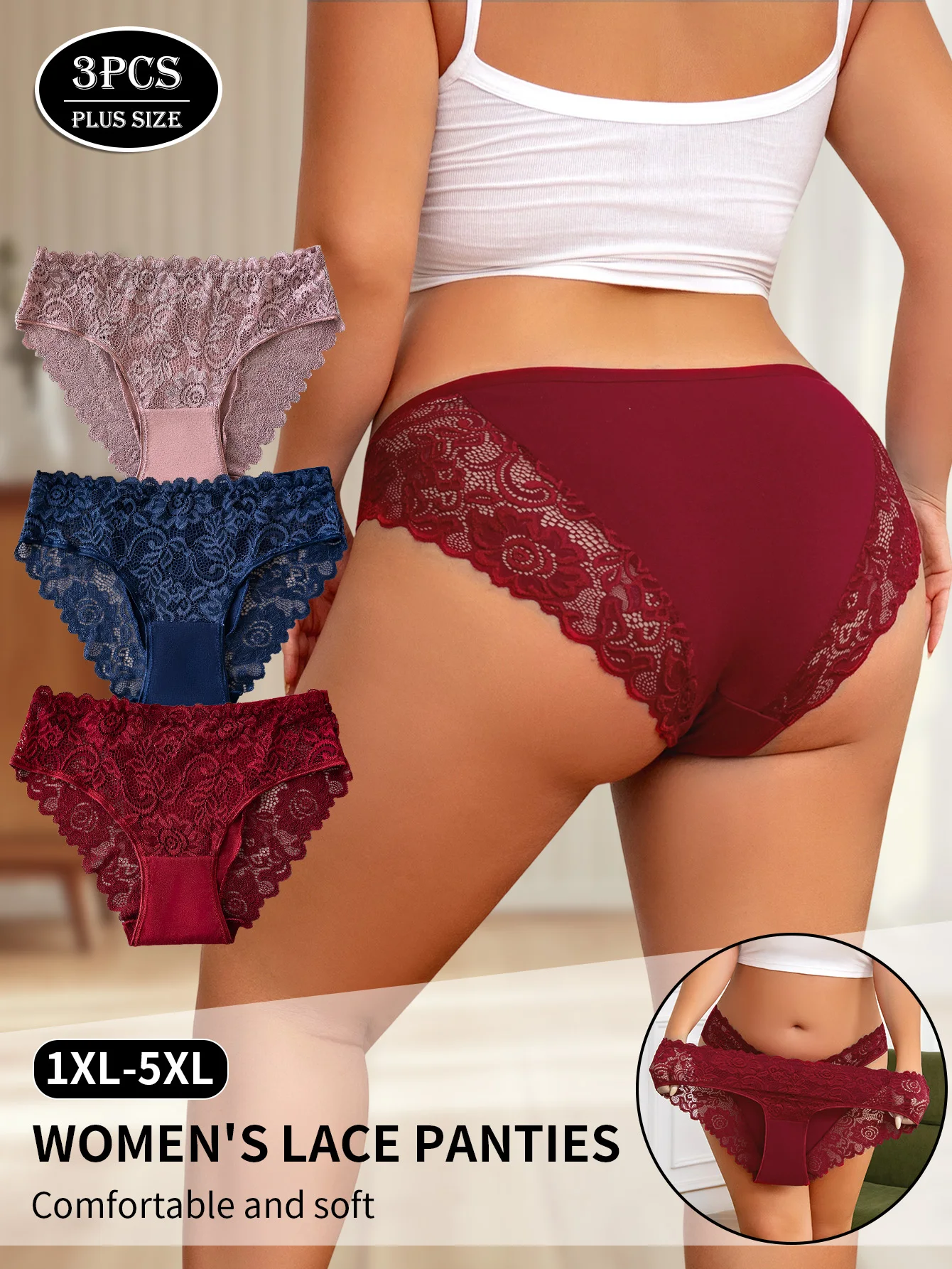 3PCS Women's Plus-Size Underwear Elegant Floral Embroidery Lace Trimmed Panties Sexy Hollow Out Briefs High Quality Lingerie