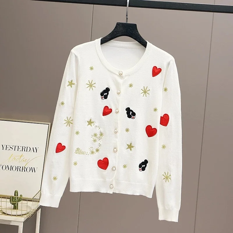 Women Sweater Autumn New Long Sleeve Femme Knitwear Mujer Cardigan Leisure Jacket Bee Flower Embroidery Top