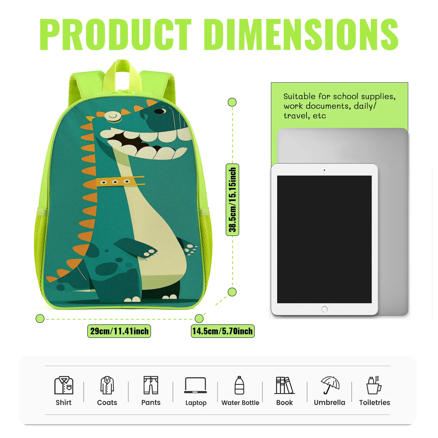 Funny Green Dinosaur Backpack Lightweight School Bookbag with Cartoon Tooth Spike Flat Print Adjustable Padded Straps