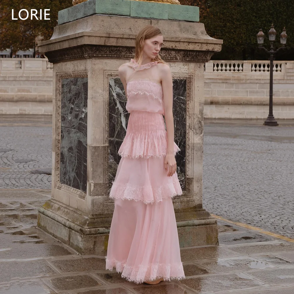 

LORIE Exquisite Pink Lace Evening Dress Strapless Pleats Strapless Sleeveless Party Dresses Tiered A-Line Prom Gowns Customized