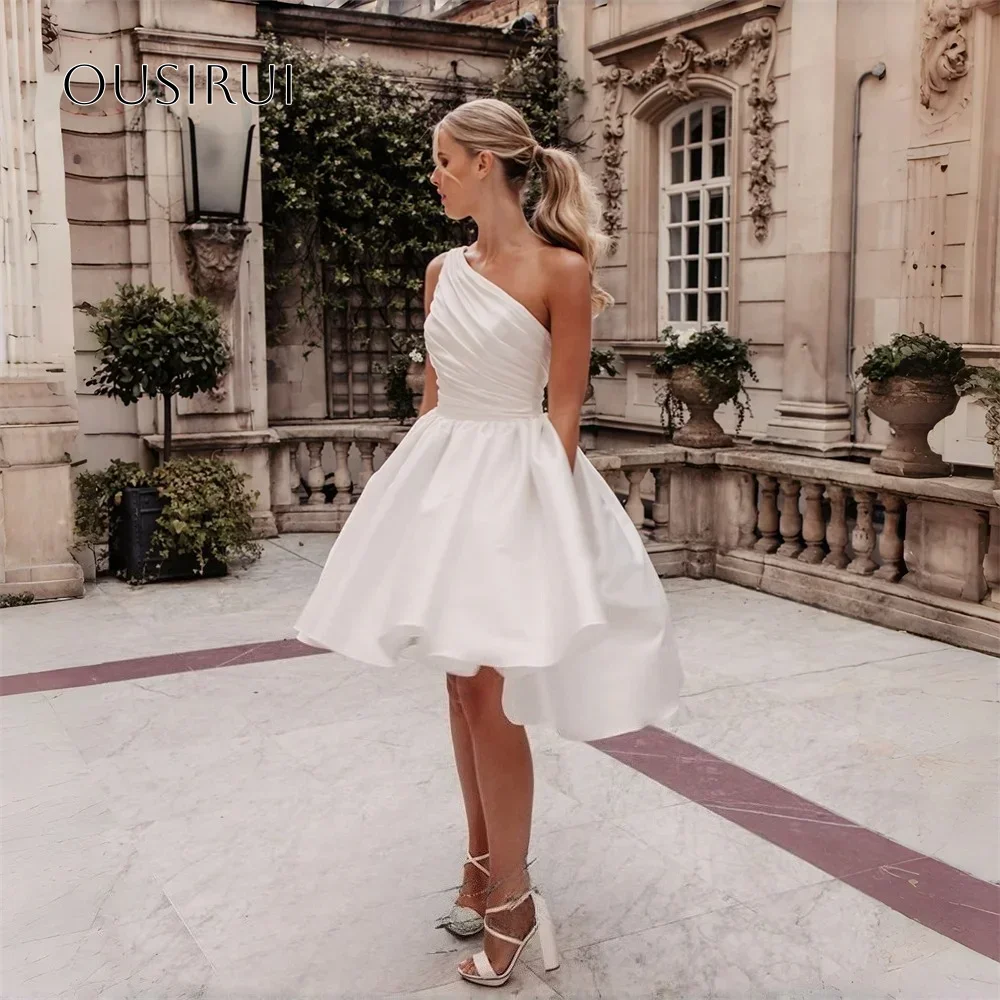 One Shoulder Satin Cocktail Dresses Ruched Buttons High-low A Line Party Dresses Customized платье на выпускной