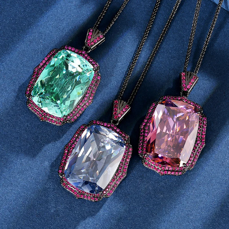 

Vintage Rectangular Cushion Cut Colored Crystal Necklace for Women Teal Blue Gem with Pink CZ Accents Statement Fashion Jewelry