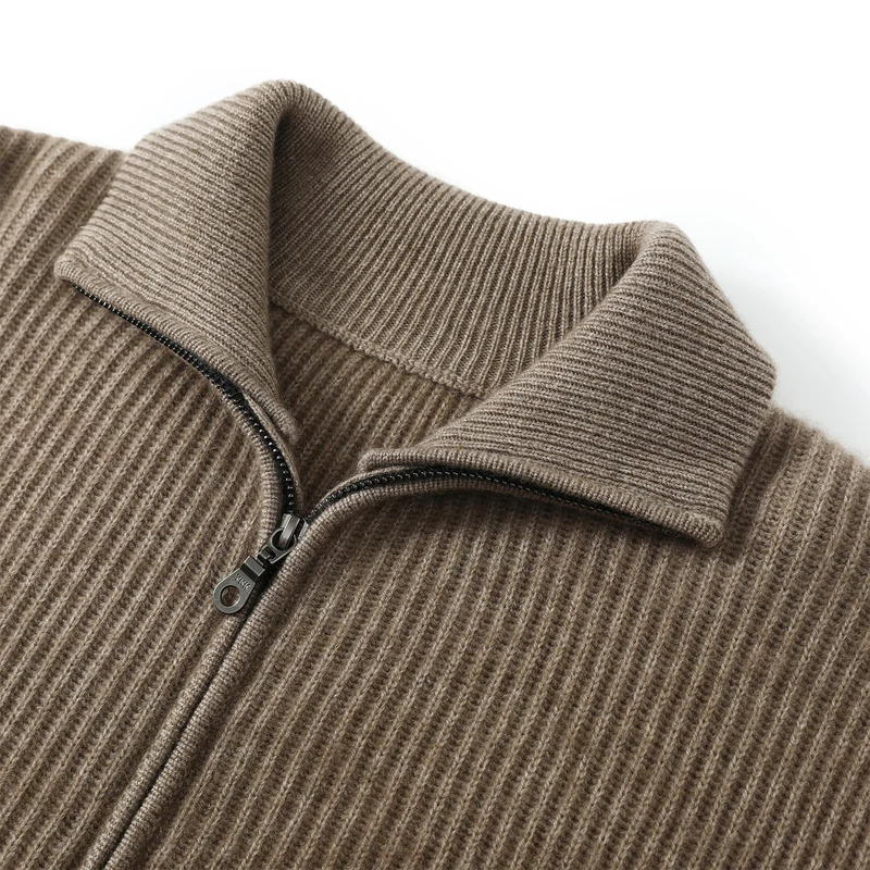 Autumn Winter Solid Color Double Zipper 100% Cashmere Cardigan Men's Fashion Versatile Sweater Coat Warm Comfortable Knitwear
