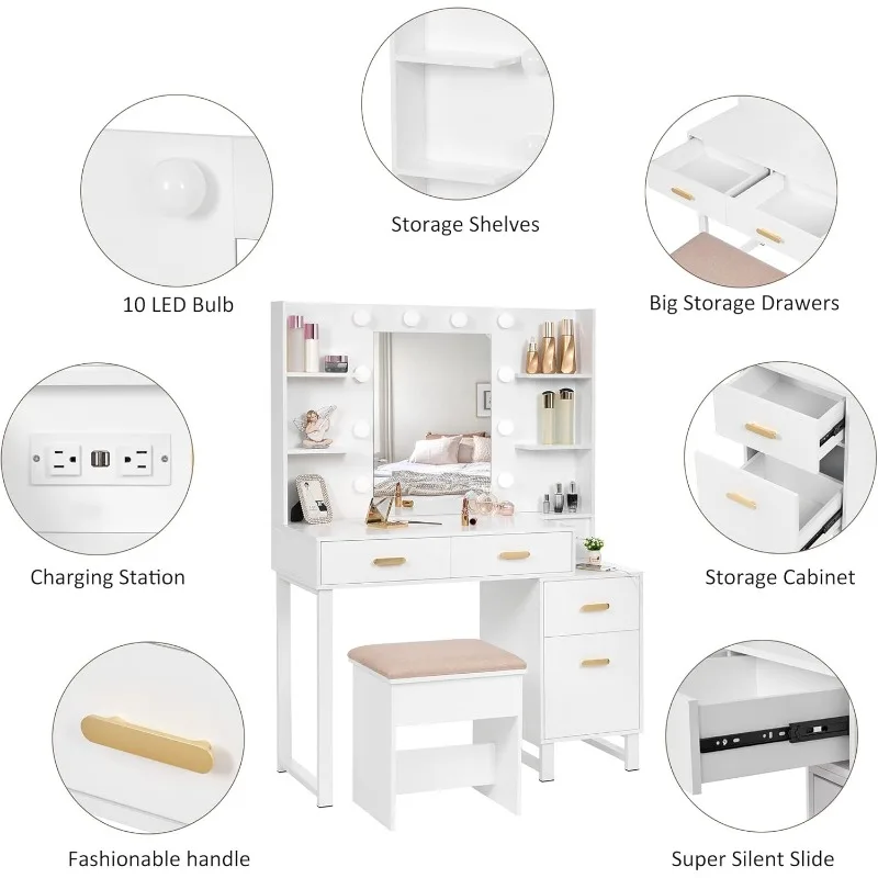 Makeup Vanity Desk Vanity Set with 10 LED Bulbs Lighted Mirror Makeup Vanity Table Set with Charging Station Nightstand image 4