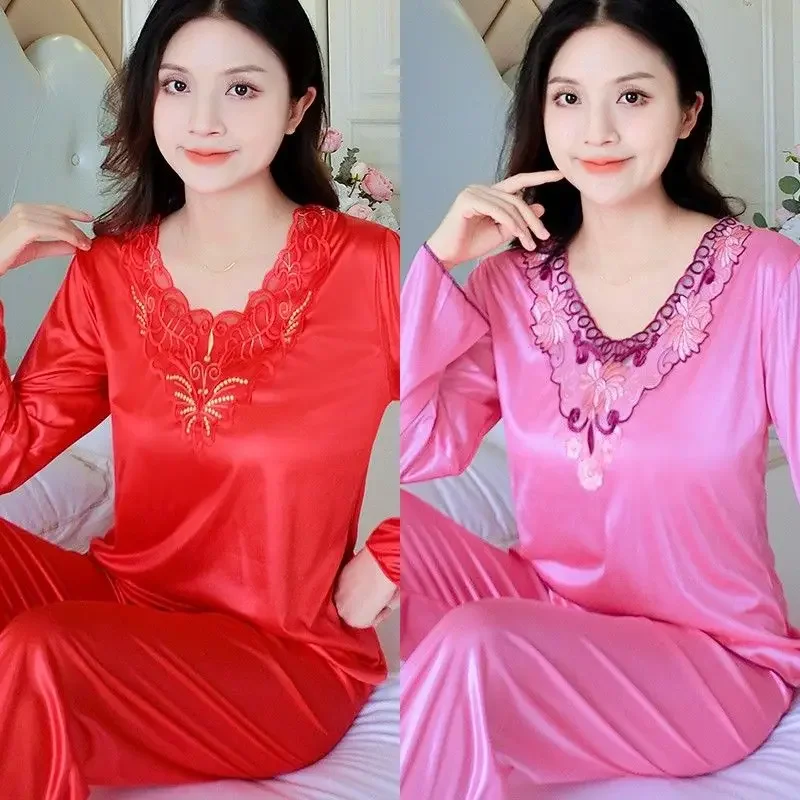 Large size pajamas for women spring and autumn styles ice silk thin style sexy long sleeved home clothing set, summer