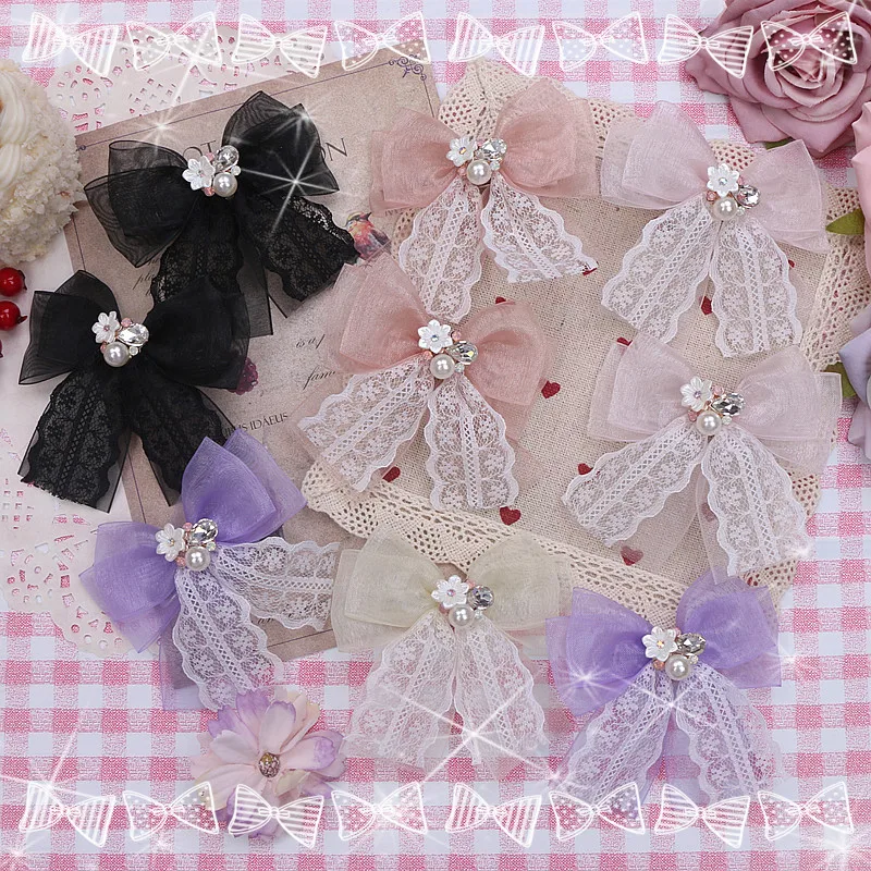 

Hairwear Romantic Flowers Rhinestone Decor Hairpins 1 Pair Fairy Flower Handmade Bow Lace Hairpin Hair Accessories for Women