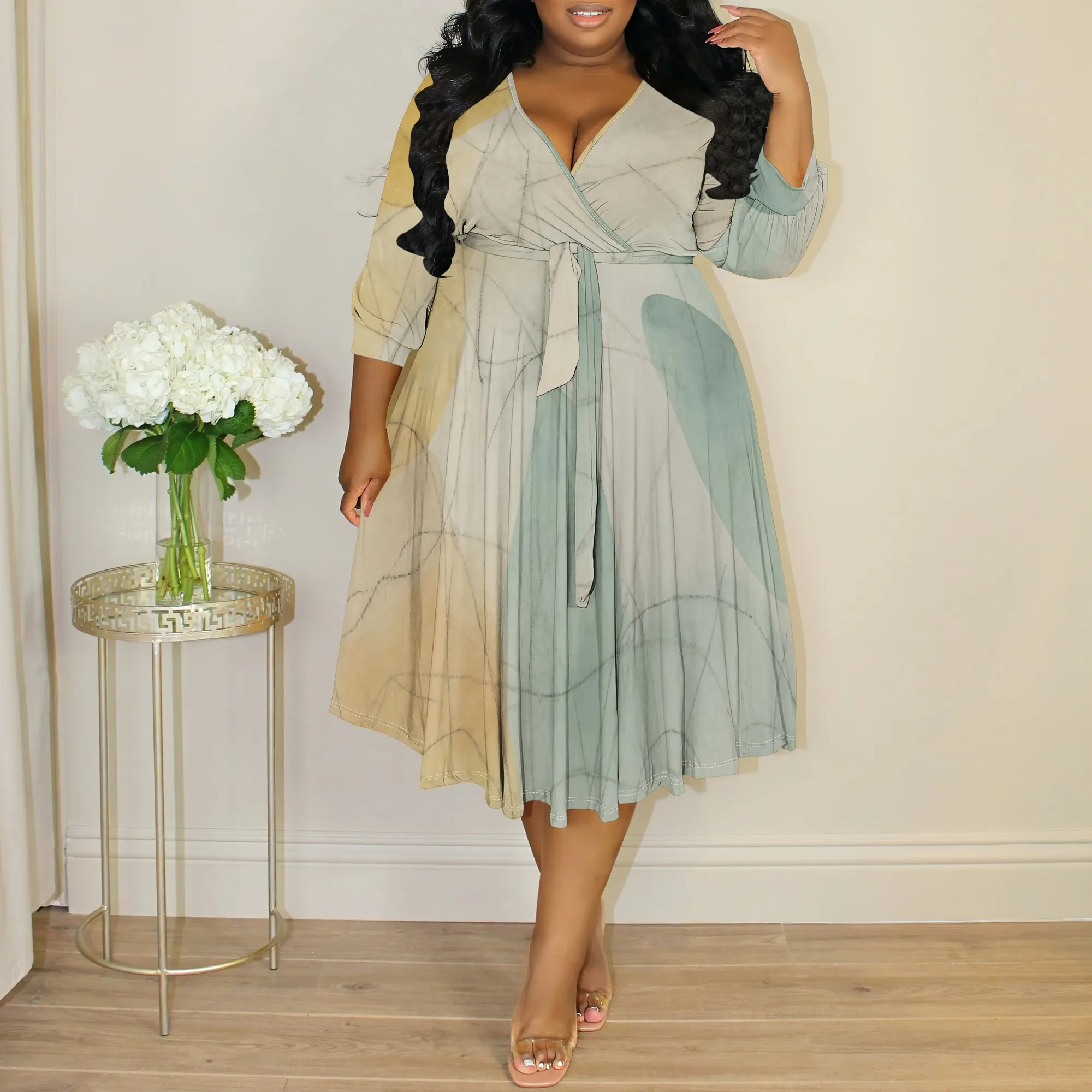

Plus Size Abstract Print Midi Wrap Dress XL-6XL Neutral Color V-Neck Belted Fit Flare Style for Work, Brunch or Daily Wear