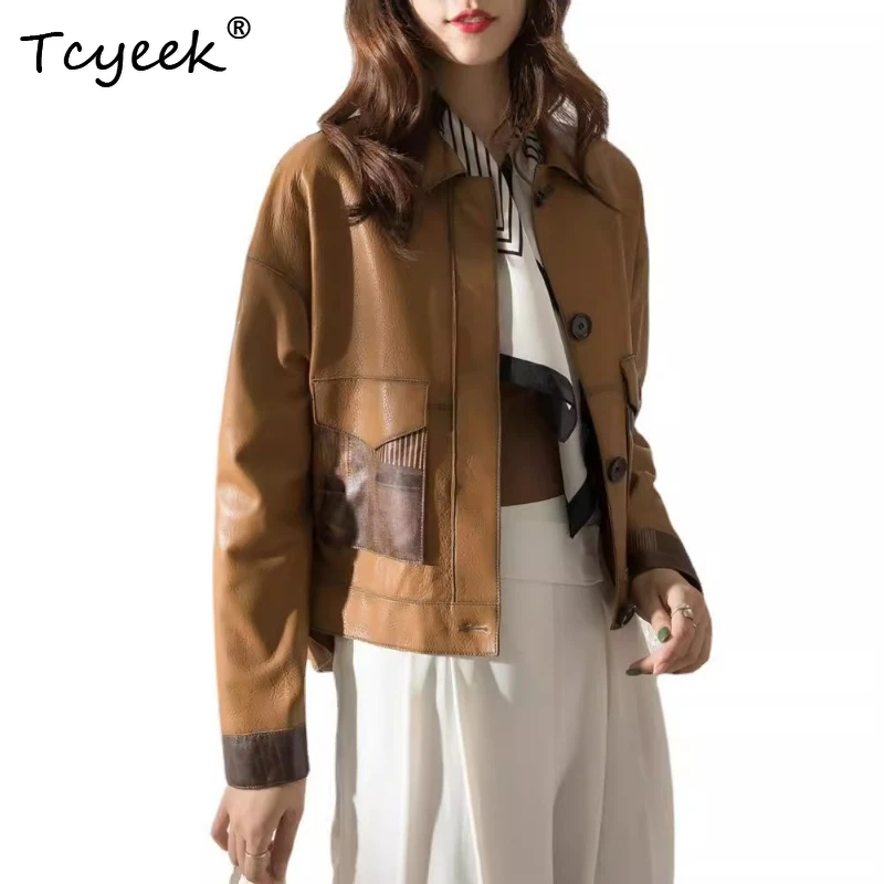 

Tcyeek Sheepskin Spring Autumn Trendy Lapel Short Locomotive Women's Genuine Leather Jacket Jaqueta De Couro Legítimo Feminina