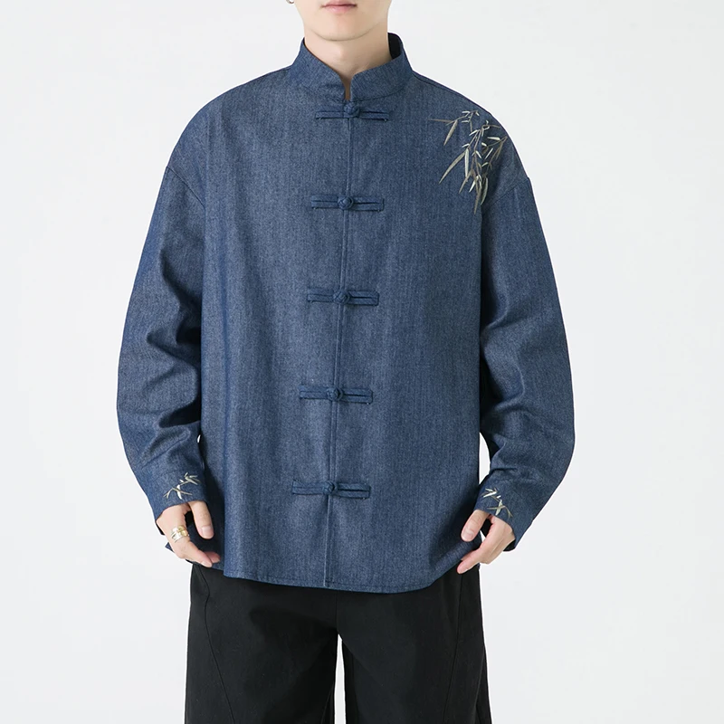 

M-XXXXXL Мужская рубашка с длинным рукавом в китайском стиле больших размеров, джинсовая рубашка с бамбуковой вышивкой и пуговицами в виде лягушки для повседневного и традиционной одежды