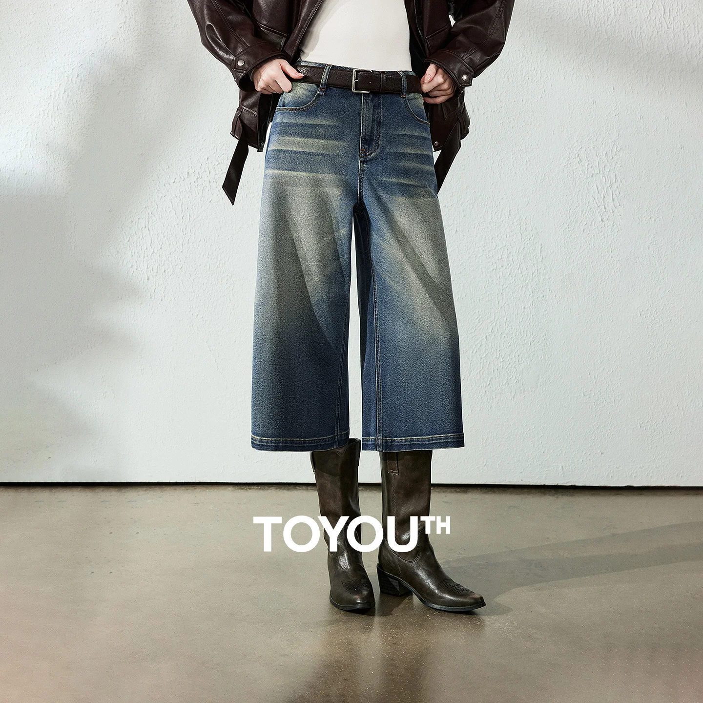 TOYOUTH Womens Jeans 2026 Autumn New High Waist Cropped Seven Length Smoked Wash Vintage Distressed Cool Wide Leg Pants