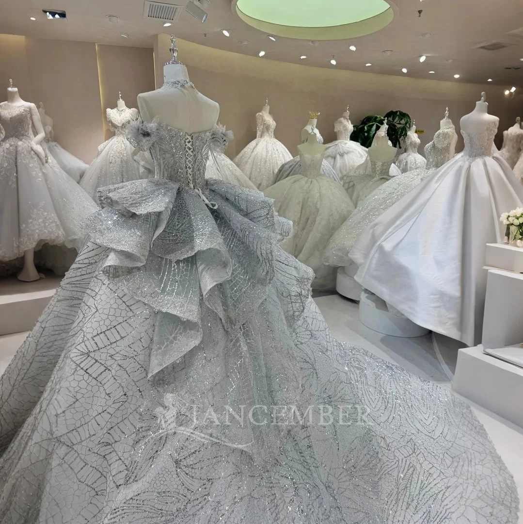 글리터 웨딩 드레스 스팽글 비딩 볼 가운 짧은 소매 스쿱 브라이드 레이스업 백 러플 맞춤형 웨딩 드레스