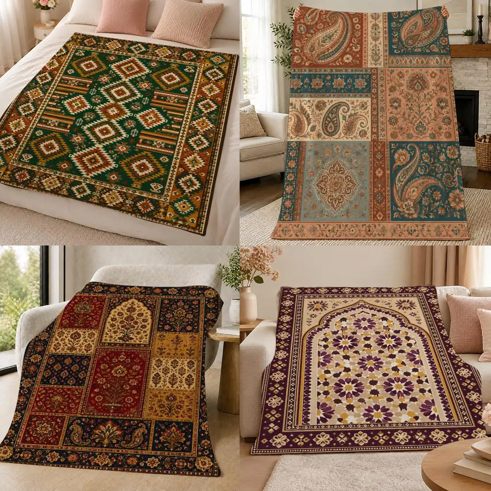 Tribal Geometric Boho Aztec Pattern Gift Throw 320g Soft Flannel Fleece Throw Blanket Cover Sofa Bed Dorm Nap