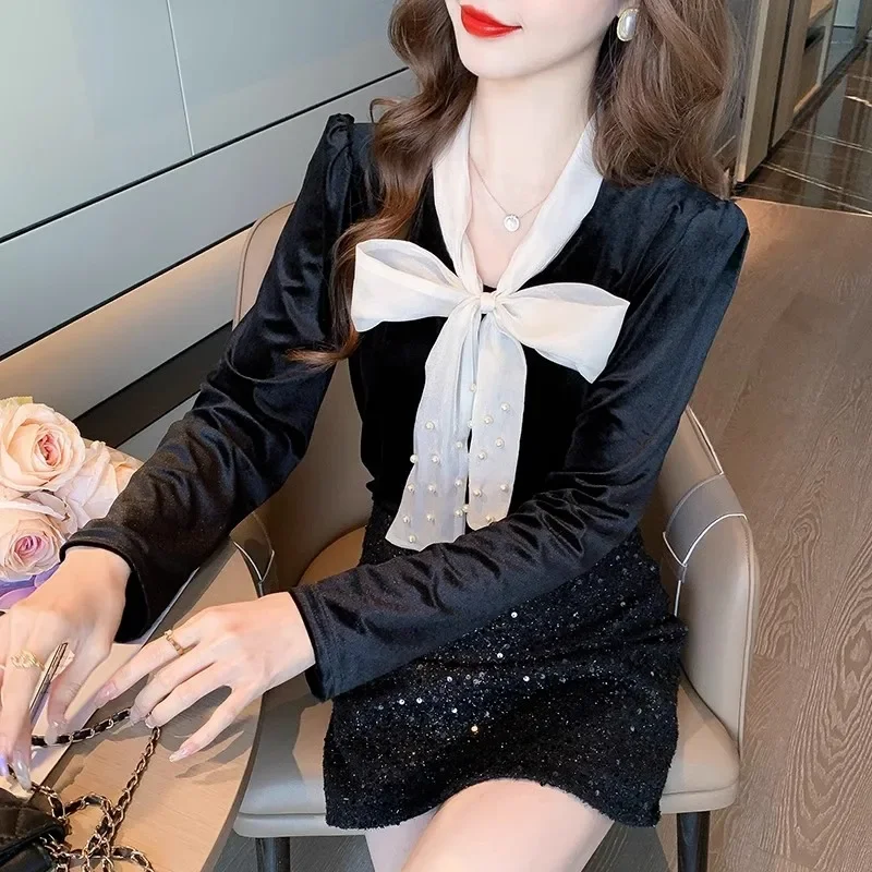 Autumn Winter New French High-end Bow Top Women's Noble Western Style Black Velvet Long-sleeved Casual All-match Base Shirt