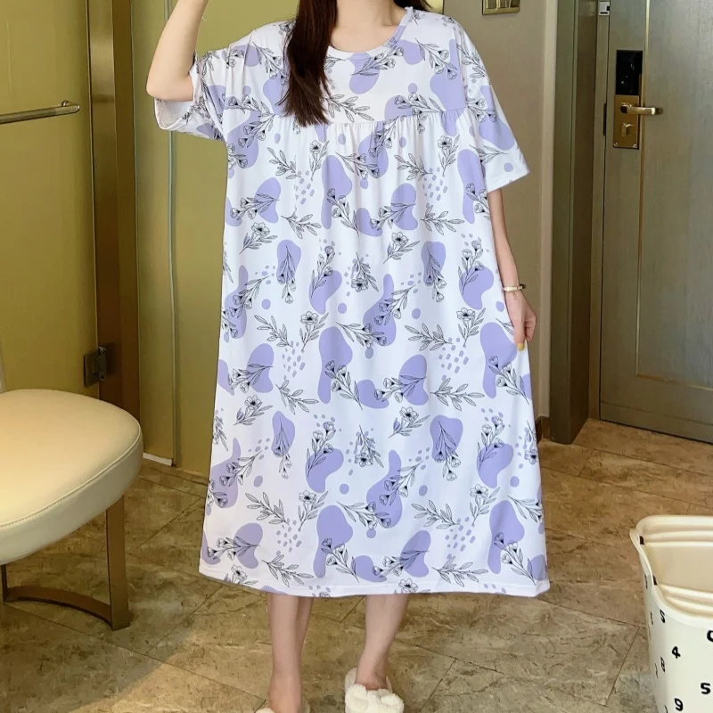 

Summer Women's Sleep Skirt Loose Comfortable One Size Printed Dress Round Collar High Quality New Fashions Home Clothing