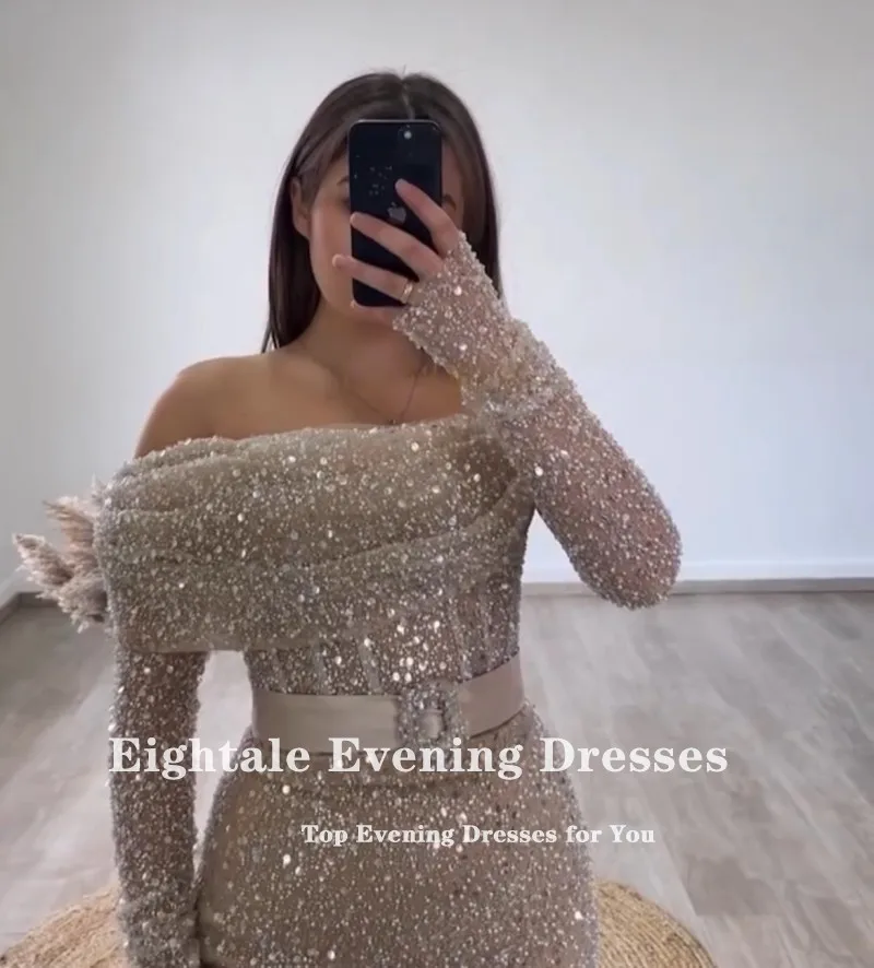 Eightale Luxury Evening Dresses Customized One Shoulder Long Sleeves Belt Champagne Sequined Mermaid Prom Gowns Robe De Soirée