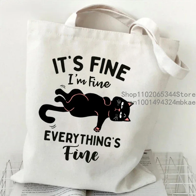 Women Tote Bag It\'s Fine I\'m Fine Everything\'s Fine Print Canvas Shopping Bag Cartoon Harajuku Cat Female Commuter Bag Handbags