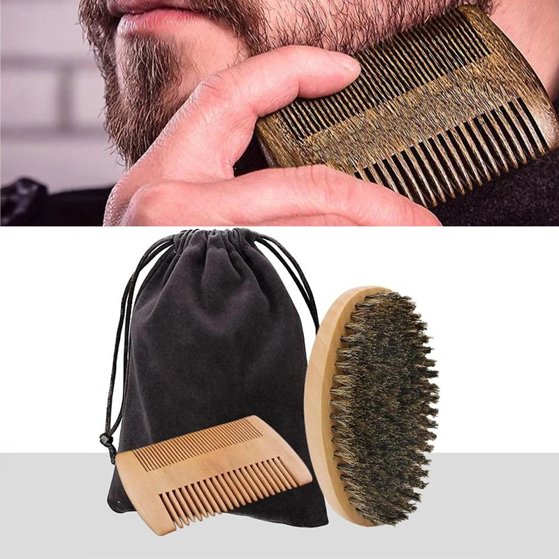 New Professional Soft Boar Bristle Beard Brush Scissors Shaving Brush Comb Men Mustache Comb Kit With Gift Bag Beard Comb Set