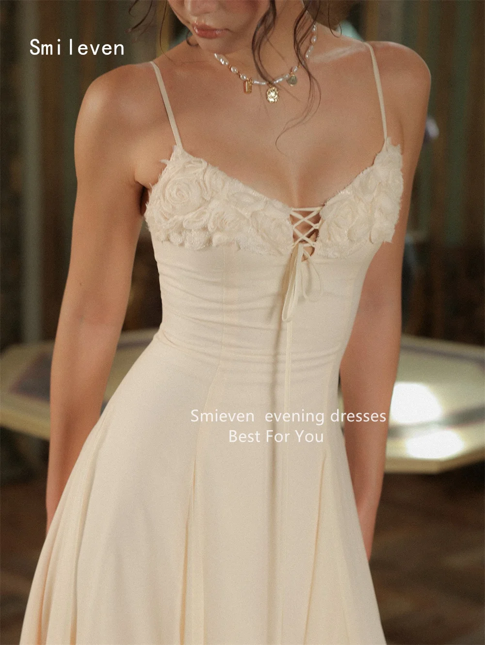 Smileven Luxury 3D A Line Prom Dress Illusion Flower Evening Gowns Appliques Sexy Spaghetti Strap Occasion Dress Customized 2026