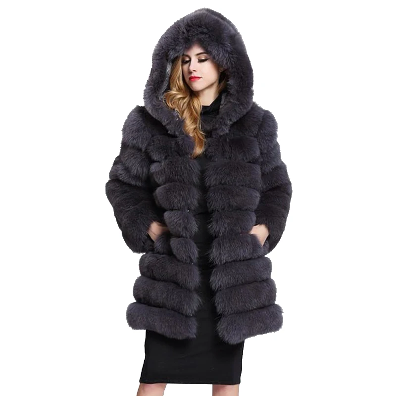 Faux Bontjas 2022 Winter Nieuwe Vrouwen Lange Bontjas Hooded Vrouwelijke Dikke Warme Pluizige Faux Fur Jas Roze Kunstmatige bont Bovenstukken