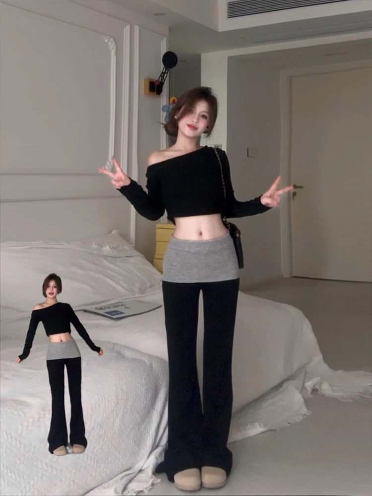 

Женские брюки Slim Fit с микро-клешем, весна 2025, новый дизайн, контрастные вставки, пэчворк, большие размеры, повседневные брюки