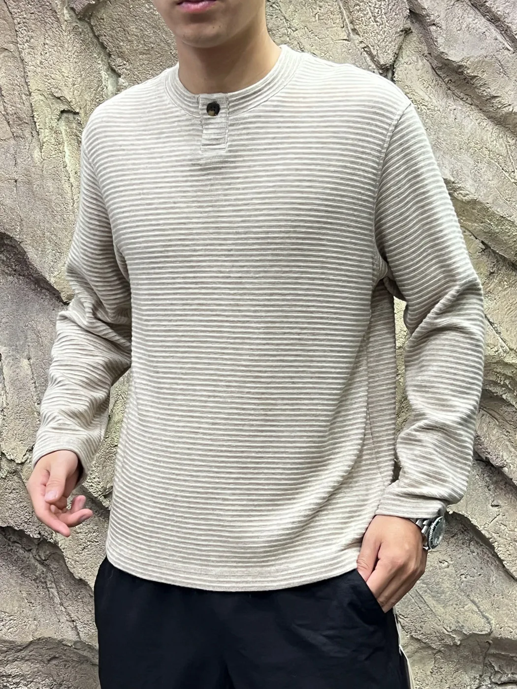 Italian Vintage Plaid Texture Comfortable Breathable Long Sleeve Knitted Henry Collar Men's T-shirt Trendy Autumn Wear