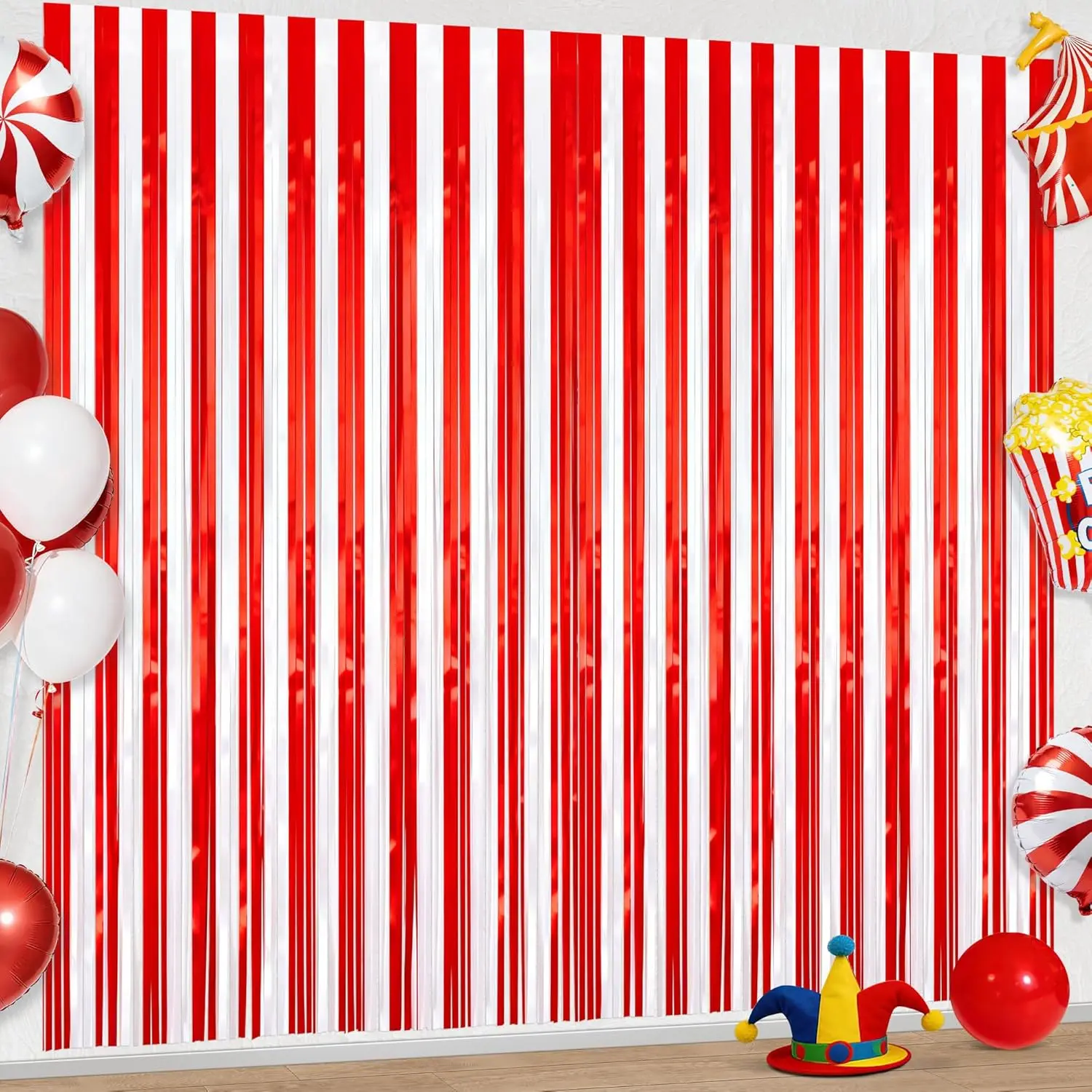 Image of 2 Stück Clown-Zirkus-Themen-Partydekorationen, rot-weißer Lametta-Vorhang, 3,3 x 6,6 Fuß, Folienfransen-Hintergrund für Geburtstag, Hochzeit, Party
