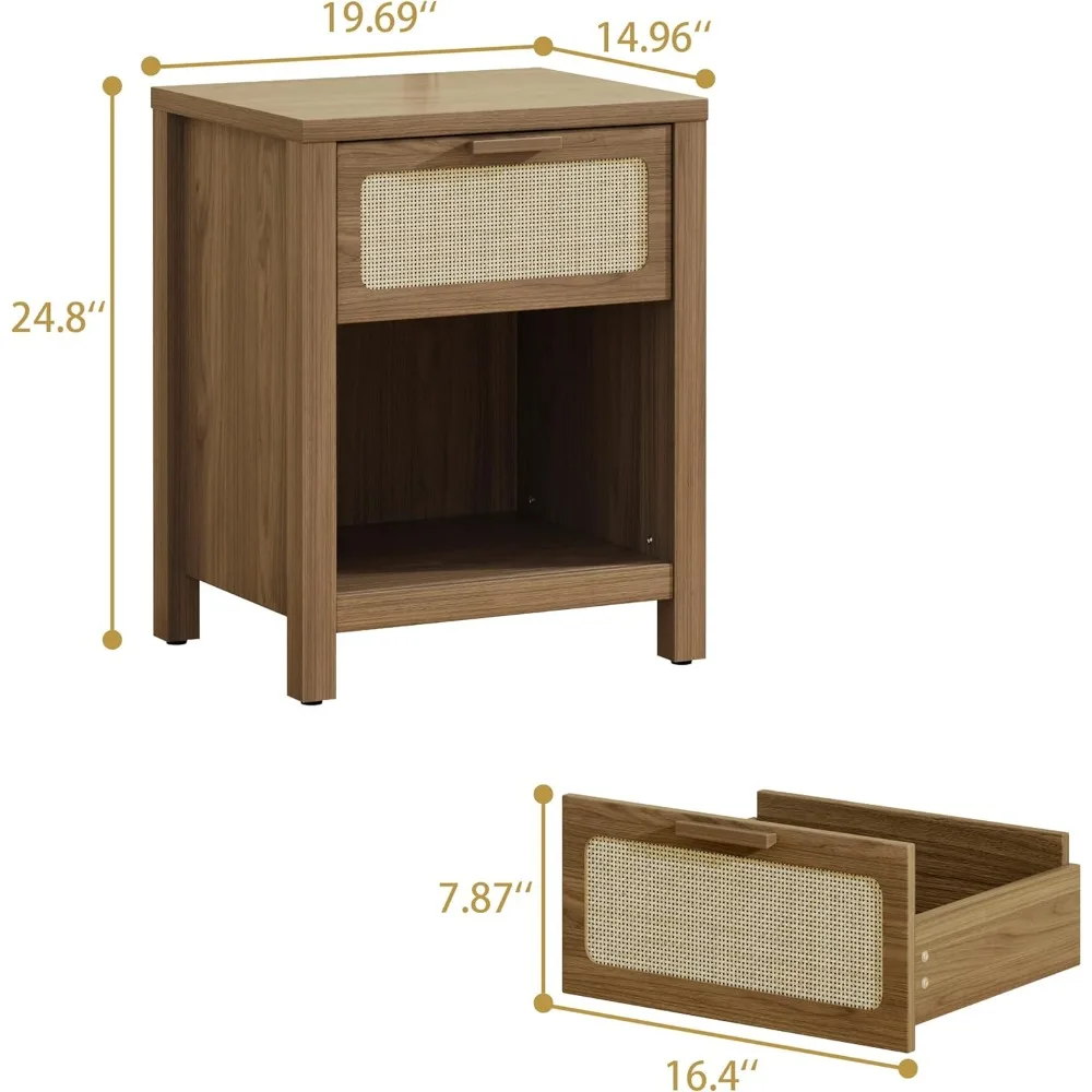 منضدة الروطان الحديثة لمنتصف القرن مع درج وتخزين، طاولة بجانب السرير خشبية كبيرة على طراز بوهو #2