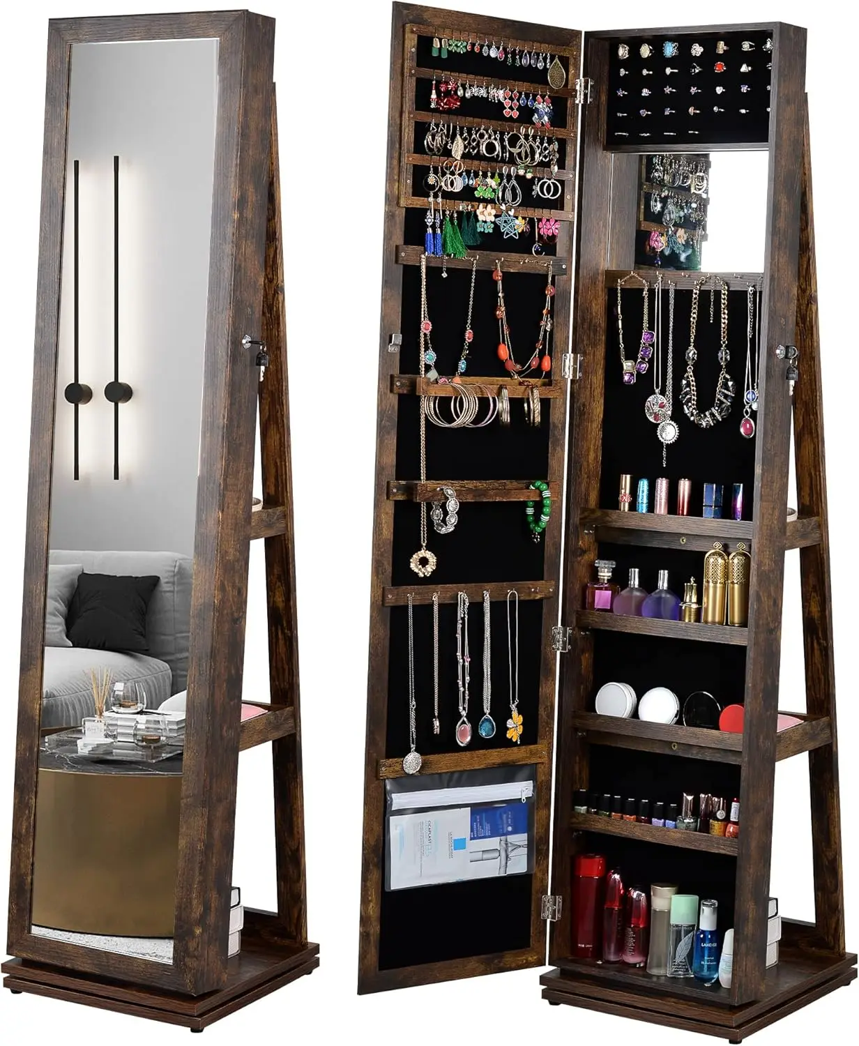 360° Swivel Full-Length Mirror Jewelry Cabinet, Premium Standing Mirror With Hidden Jewelry Storage, Organizer For Necklaces,