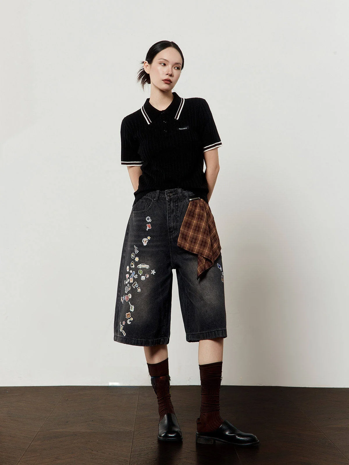 

Deep Blue Plaid Denim Pants Women's Summer New Sle Stier Print Retro Detachable Seven-Quarter Length Casual High Waist