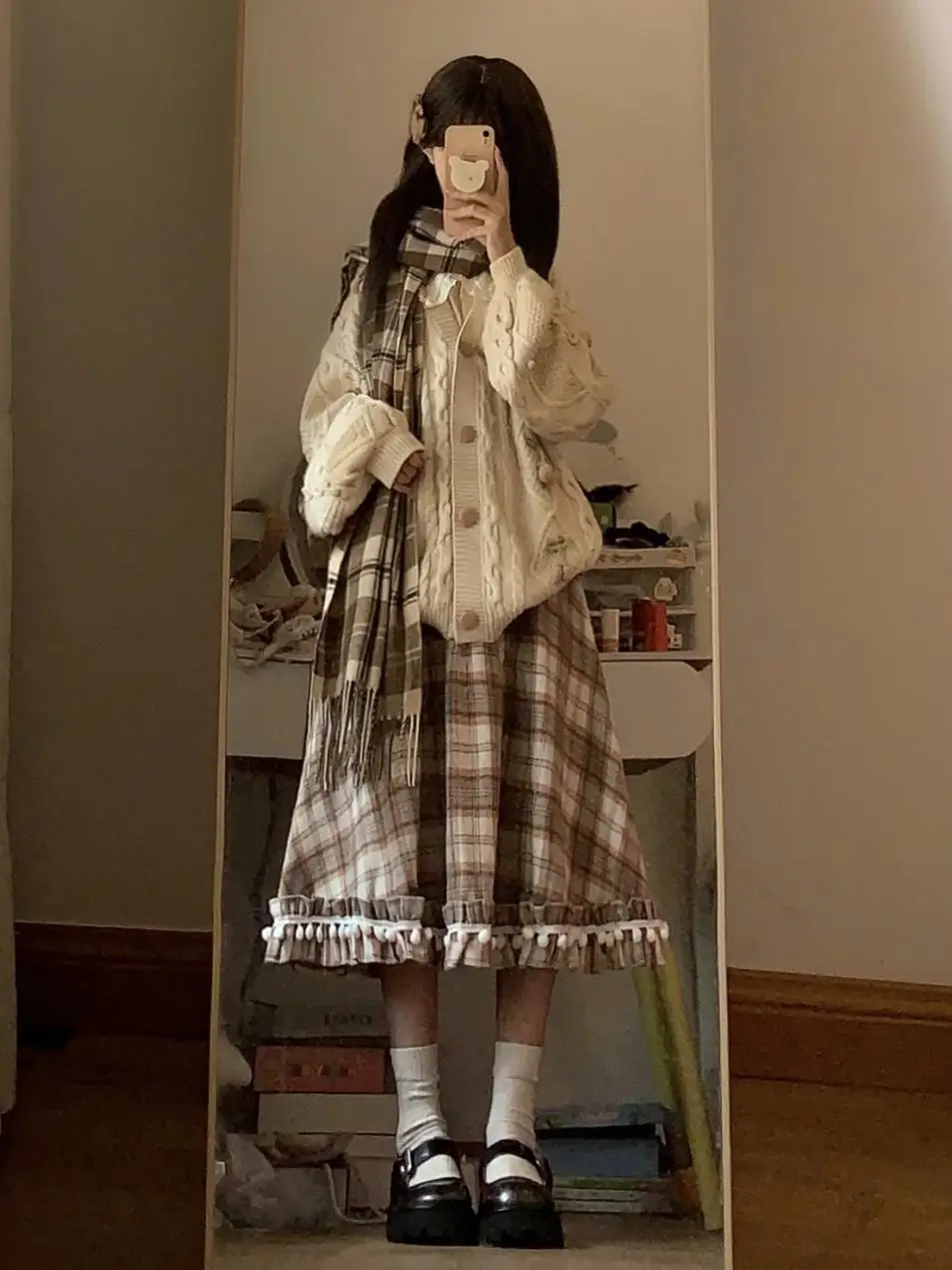 

Cute Plaid Ball Brown Woolen Skirt Slimming Midi Length Autumn Winter Sweet Sle High Waist A-Line Skirt for Women