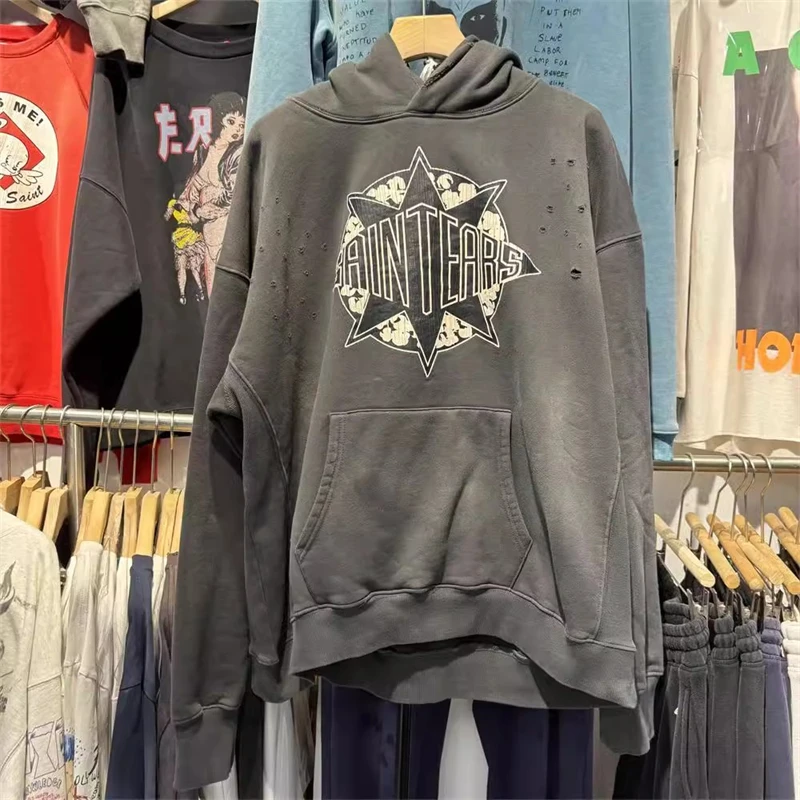 

Washed Saint Tears Hoodie Men Women Best Quality 2024fw Casual Damage Hole Pullover Hooded