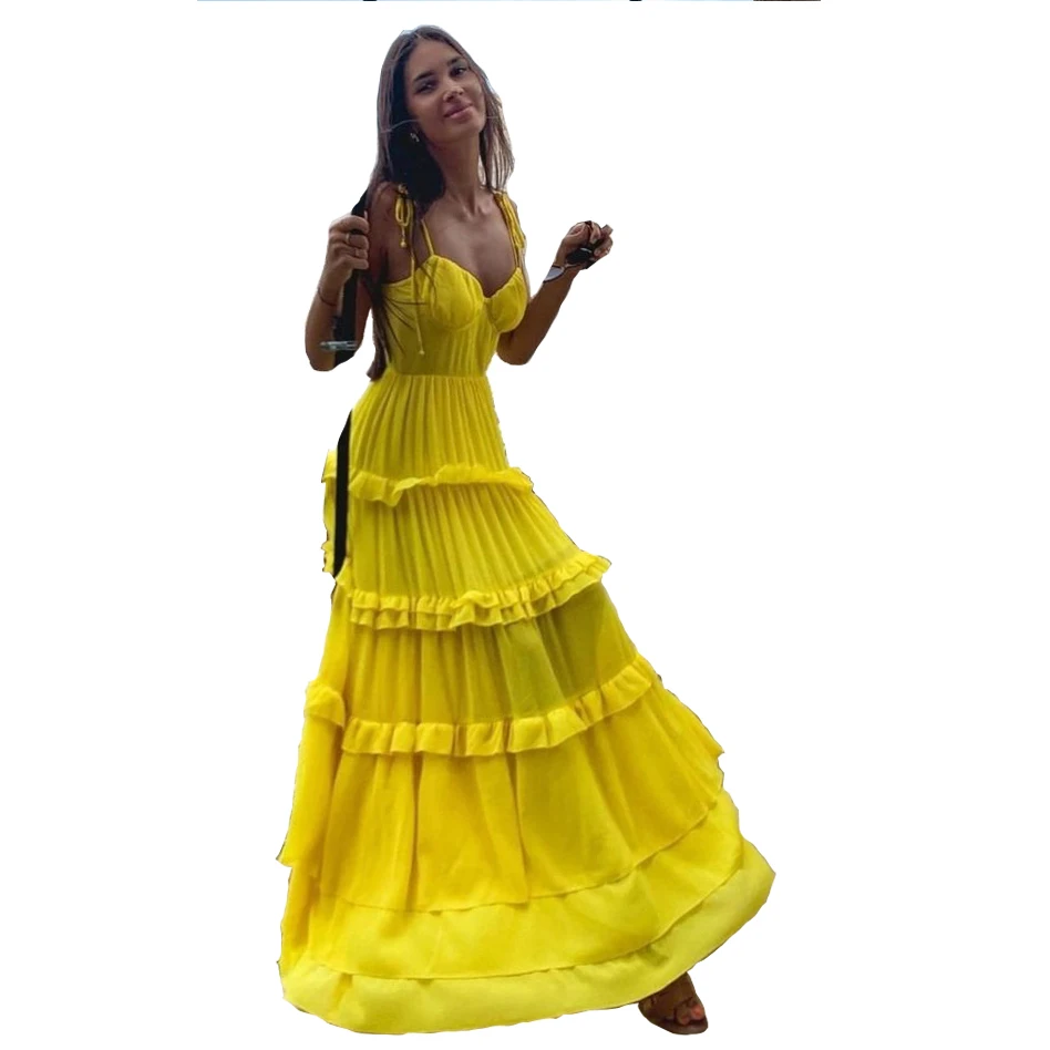 KSDN Yellow Prom Dress Women Tiered Sleeveless Spaghetti Strapless Floor Length Straight Organza Special Event Evening Gown
