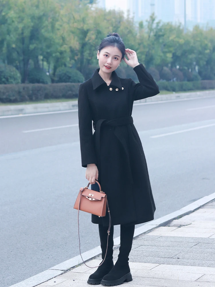 

Louise Lady Bla Gold Autumn Winter Hepburn Sle Slimming Coat Woolen Jaet Women's Faion Ele Commute Straight Cut