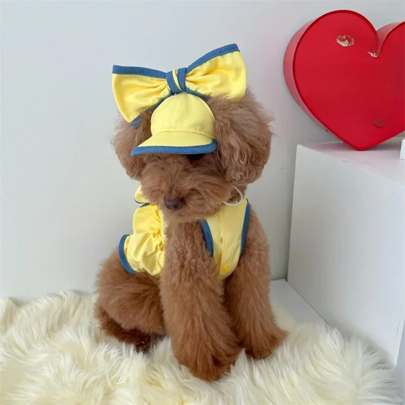 

Yellow Pet Dress Dog Summer Clothes Cat Teddy Little Fresh Clothing Fashion Tank Top T-shirt Hat for Small Dog Puppy Skirt