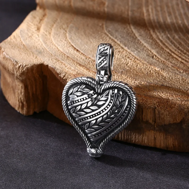 BOCAI S925 Sterling Silver Pendants for Women Men Retro Wheat Ear Pattern Love Heart Creative Charm Fashion Jewelry Wholesale