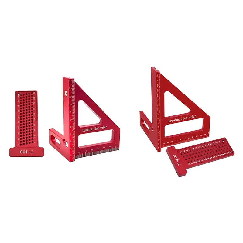 2Pcs Woodworking Square Kit - 3D Multi-Angle Carpentry Square Protractor And T-Square Hole Scribe Ruler-Metric Easy Install